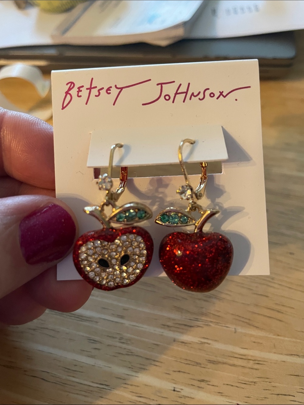 Betsey Johnson Red Glitter & Crystal Apple Drop Earrings